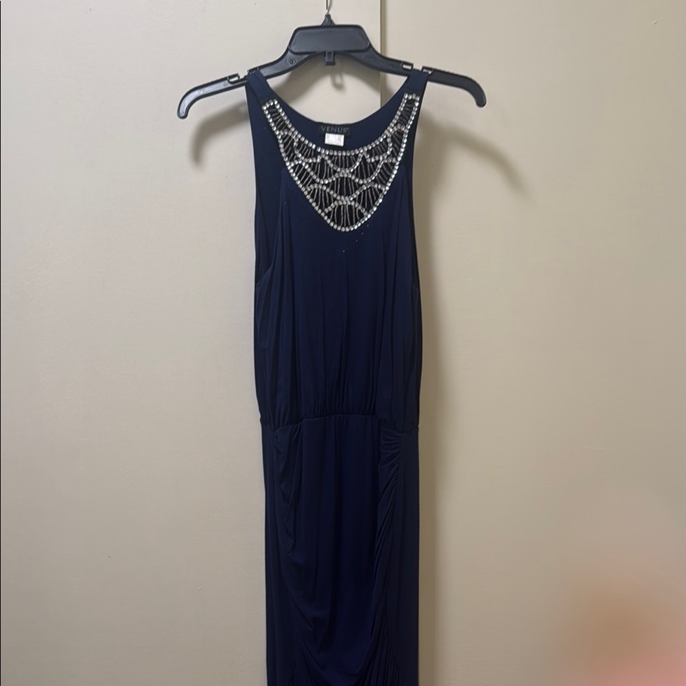 VENUS Blue and Silver Embellished Halter Maxi Dress